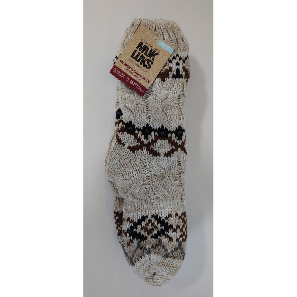 Muk Luks Womens Cabin Socks Non-Slip Grippers Faux Fur Lining One Size Beige NWT